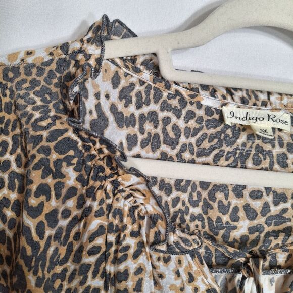 Indigo Rose Womens Leopard Blouse Cap Sleeve Ruffle Tie Neck Brown Black 3X - Picture 8 of 13